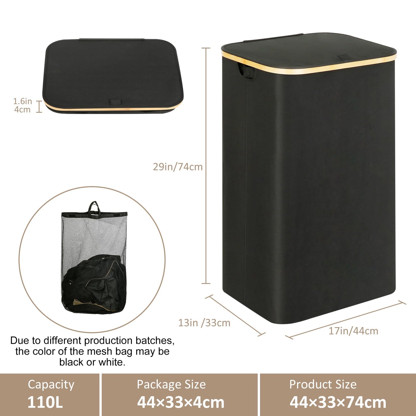 iEGrow Laundry Hamper with Lid, 110L Large Laundry Hamper with Handle and Lid, Collapsible Clothes Basket Organizer with Removable Inner Bag for Clothes Toys Towels - Black