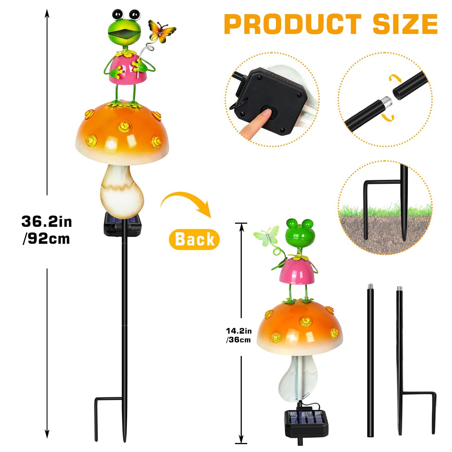 ostritec Solar Garden Lights Outdoor Decor, 36.2" Cute Frog Mushroom Garden Stake Light with Warm LED Glow, Waterproof Metal Yard Ornament for Patio, Lawn, Flower Bed, Gardening Gifts for Mom Grandma