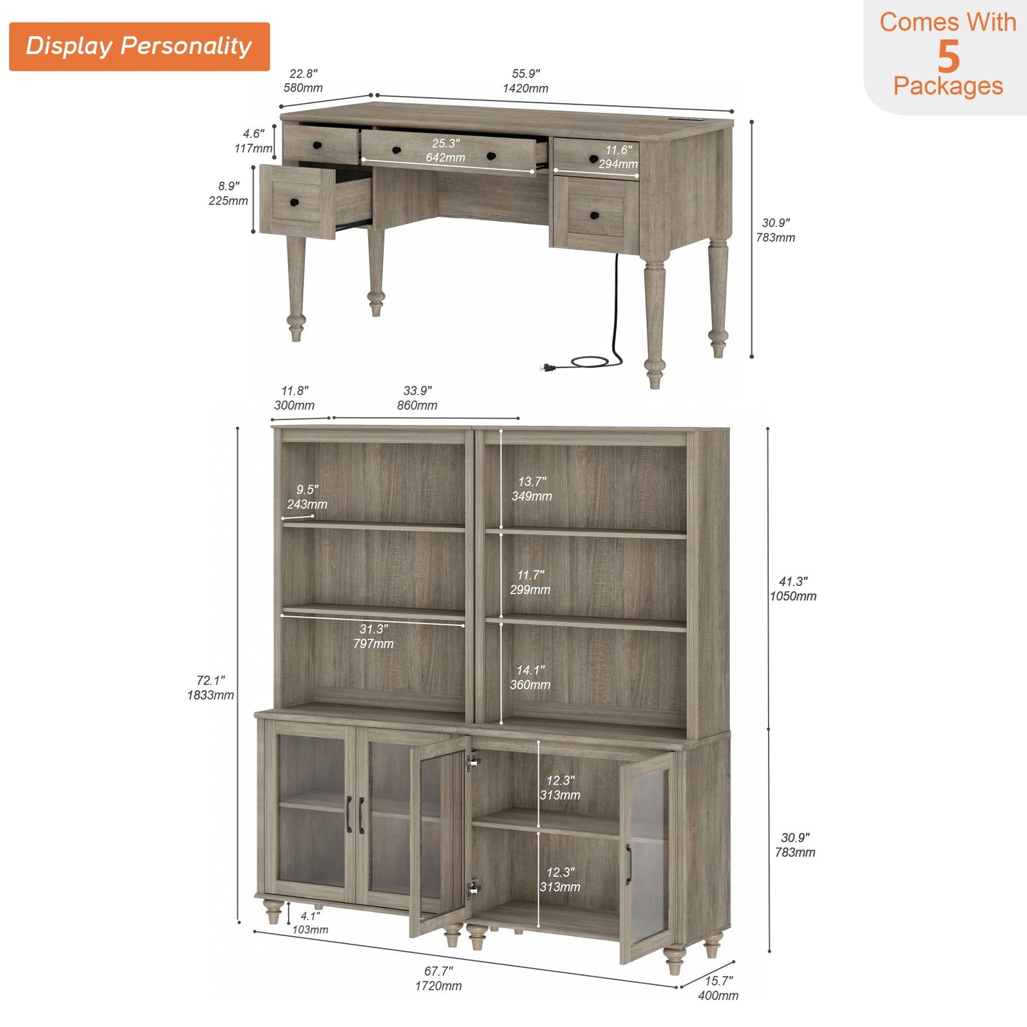 WAMPAT Home Office Furniture Set, 56'' Executive Desk with Charging Station, 72" Tall Bookcase with 4 Glass Doors, Wood Computer Desk with File Cabinet Storage, Open Shelf, Wash Grey