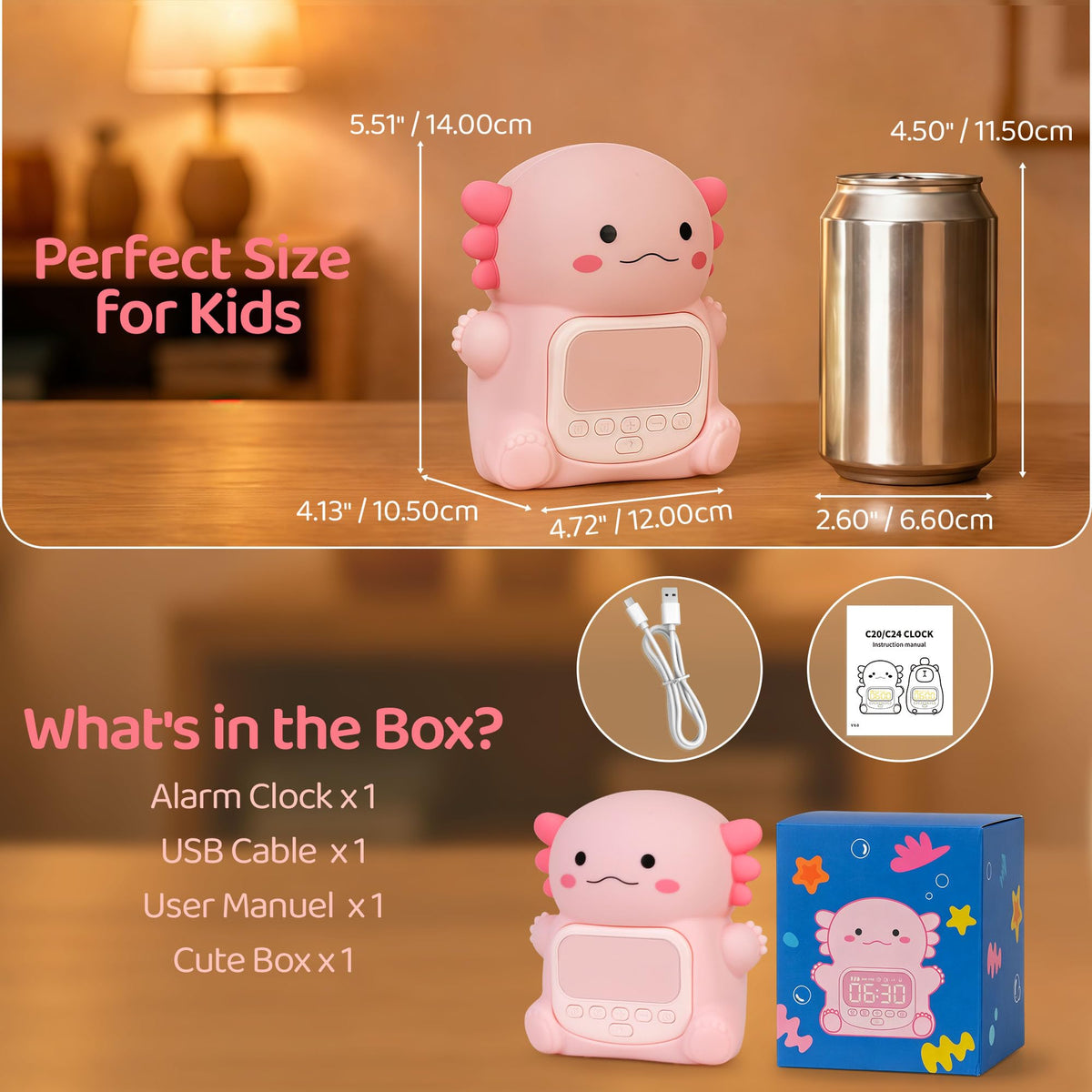 Axolotl Alarm Clock for Kids, Cute Night Light Toddler Alarm Clocks, Pink