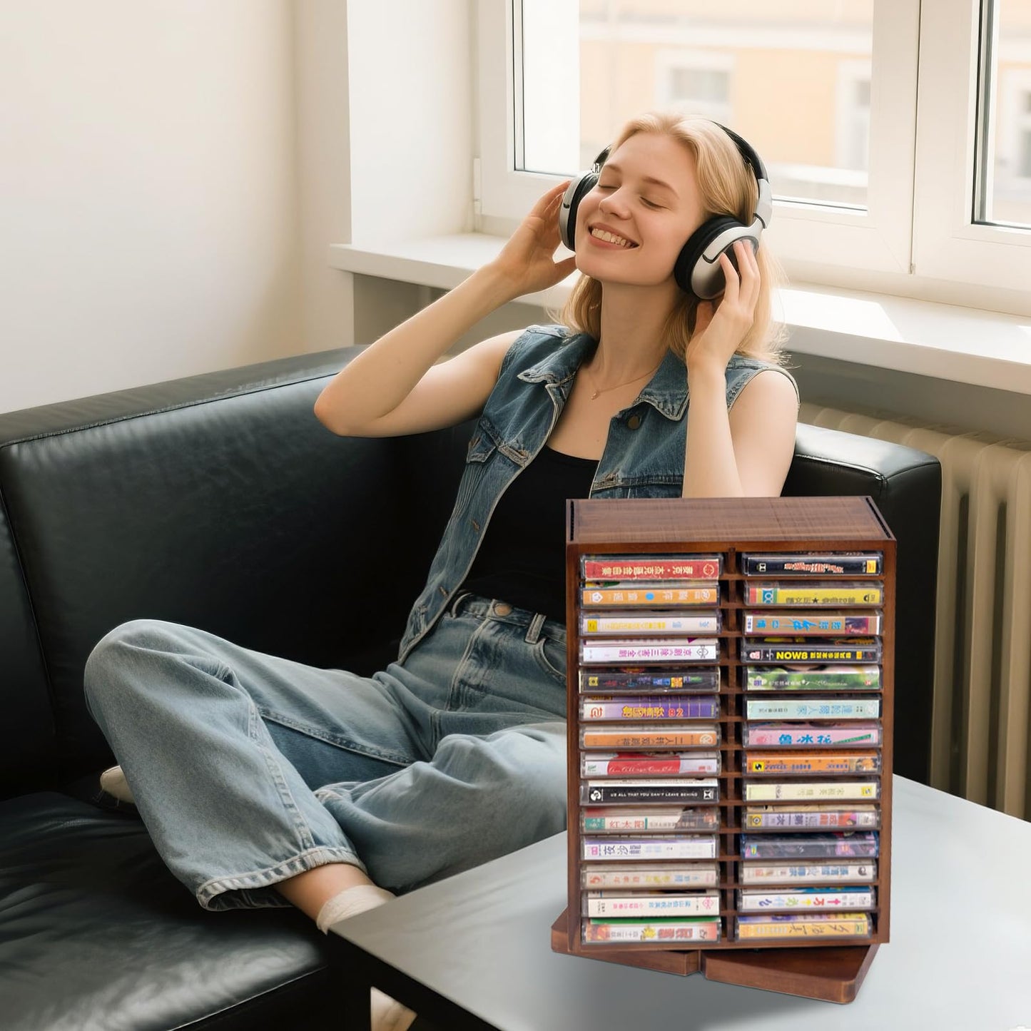 WodGod Cassette Tape Storage Box, Wood Cassette Rack, Wooden Cassette Tape Holder 360-Degree Rotatable, 56 Capacity, Double-Sided & Diamond Metal Wire Mesh, the Ideal Gift for Cassette Collectors