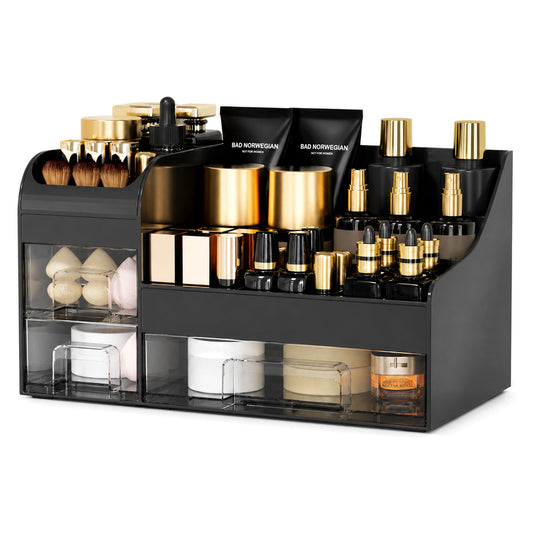 Extra Large Makeup Organizer for Vanity,Countertop Organizer with Drawers and Brush Holder,Men’s Cologne Organizer for Bathroom,Cosmetic Skin Storage for Lipsticks,Nail Polish & Shaving Lotion,Black