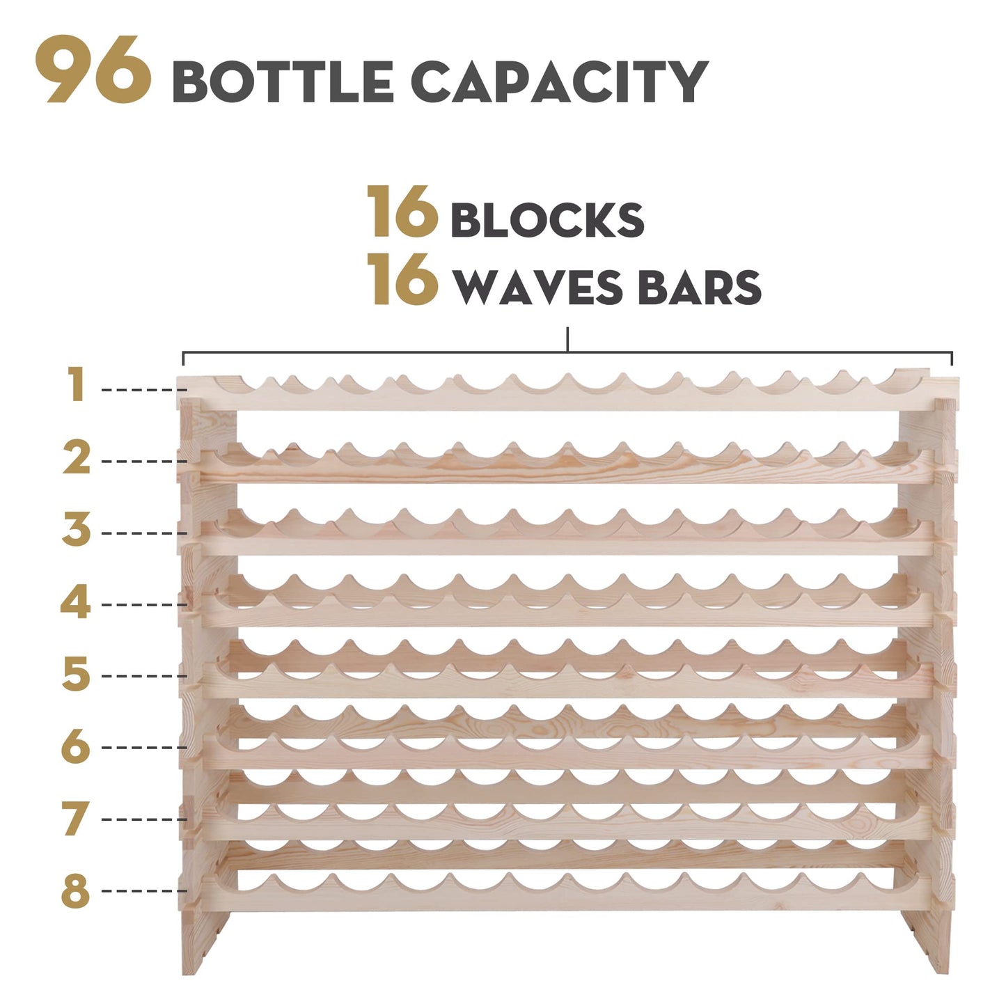 Smartxchoices 96 Bottles Stackable Modular Wine Rack, 8-Tier Wooden Wine Storage Rack Freestanding Wine Holder Display Shelves, Wobble-Free Shelves, Solid Wood