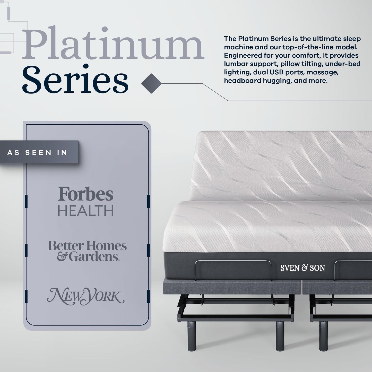 Sven & Son Platinum Adjustable Bed Base Frame Only, Head and Foot Lift, Lumbar Support, Head-Pillow-Tilt, Massage, Under-Bed Lights, USB - California King