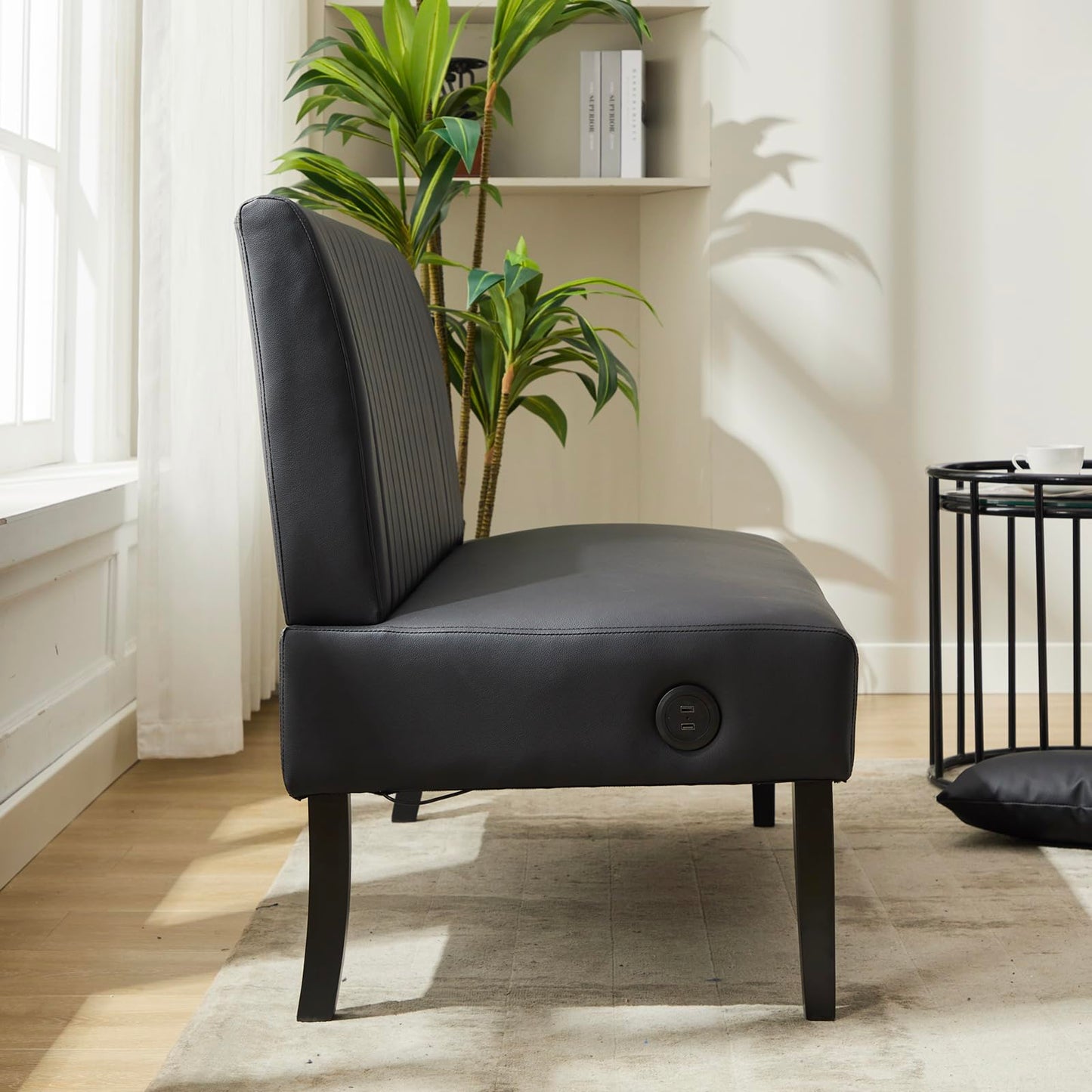 STHOUYN 43" W Mini Small Black Leather Couch Armless Loveseat Sofa for Bedroom with USB Port, Small Couches for SmallSpaces Living Room, Apartment Office Dorm (Black)