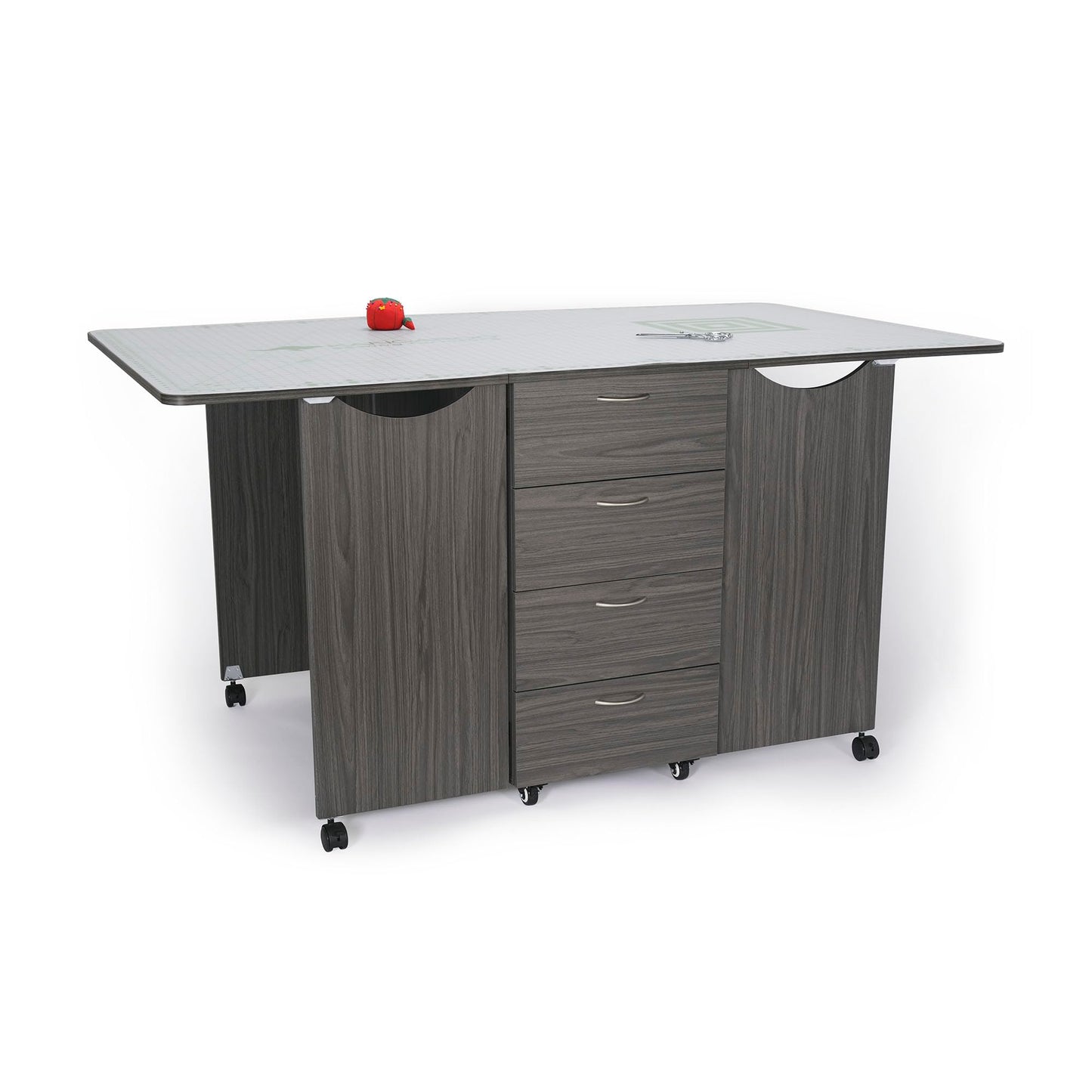 Kangaroo Kookaburra Cutting Table – Large Sewing, Quilting & Craft Workstation with Expandable 70” x 40” Surface, Storage Drawers, Shelves & Rolling Locking Casters, Gray Finish