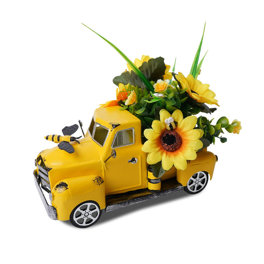 Fztksmart Metal Truck Decor with Sunflowers, Honey Bee, Fall Table Decor for Home, Farmhouse, Vintage Pickup for Living Room, Kitchen Table Centerpiece, Yellow