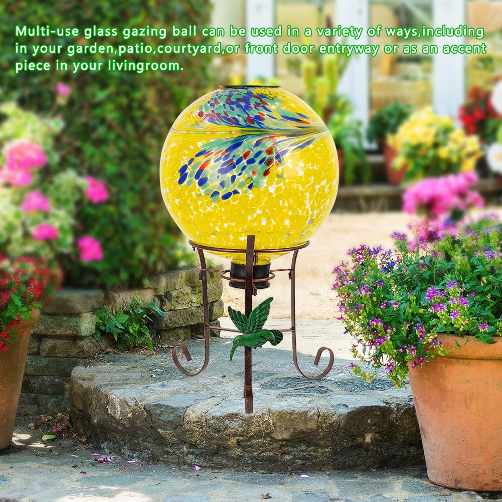 YELENEW 10" Diameter Solar Gazing Ball and 8.5" Metal Stand Indoor Outdoor Glass Globe Sphere Yard Art Ornament Solar Gazing Balls for Garden,Lawn,Porch,Patio Gardening Gift for Women(Yellow)