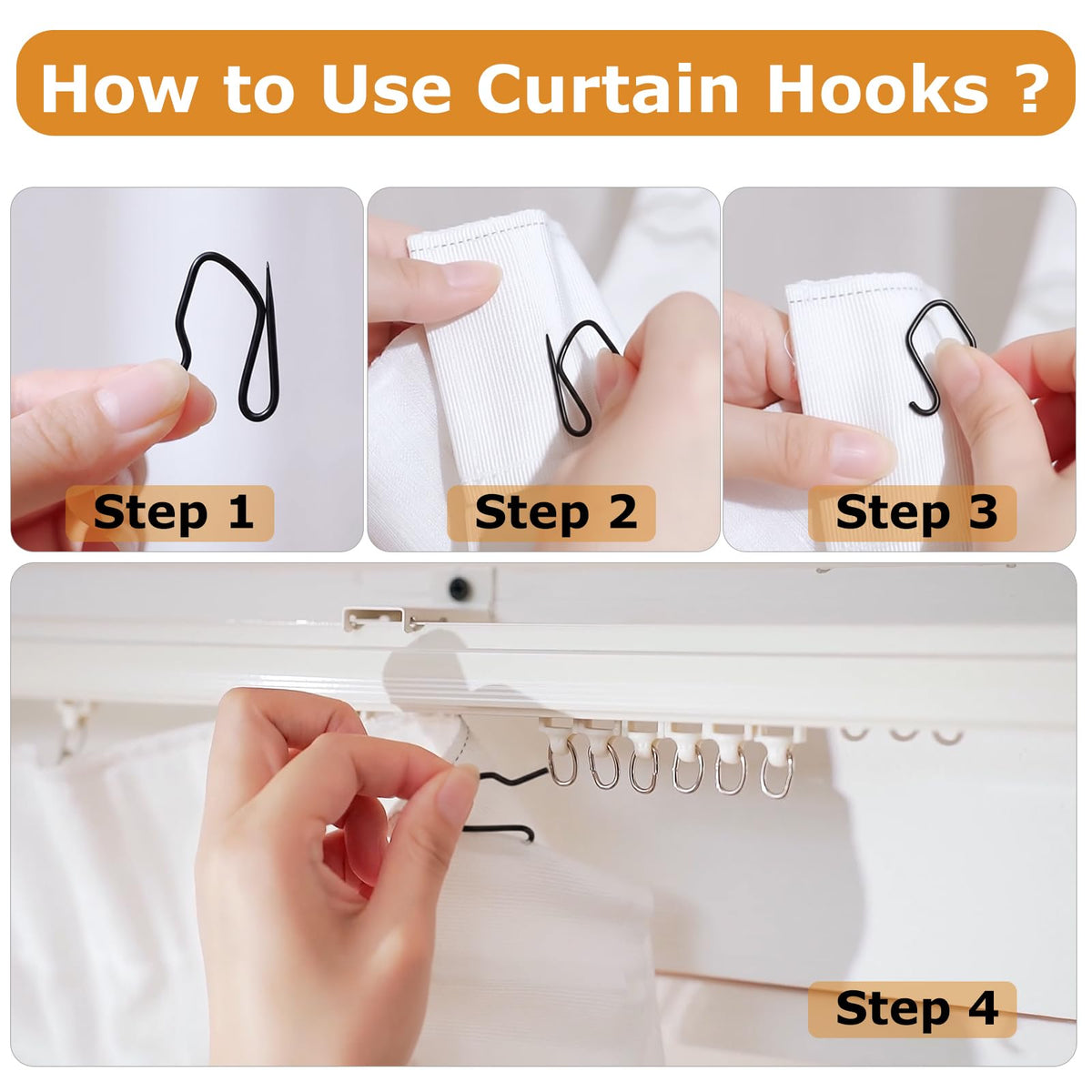 100 Pack Black Metal Curtain Hooks Pin-On Drapery Hooks,Suitable for Window,Door,Shower Curtain