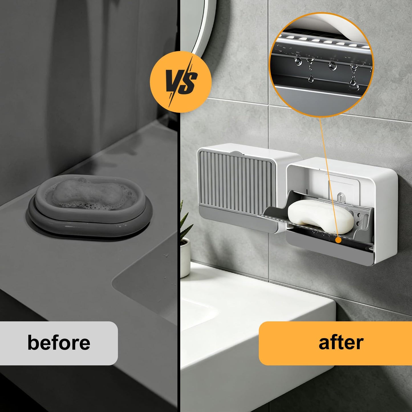 Strong Suction Cup Wall-Mounted Soap Dish Holder, 2-Layer Draining Tray with Removable Container, Keeps Soap Dry for Bathroom, Shower, Sink, Kitchen- Space Saver (Grey-Single Compartment)