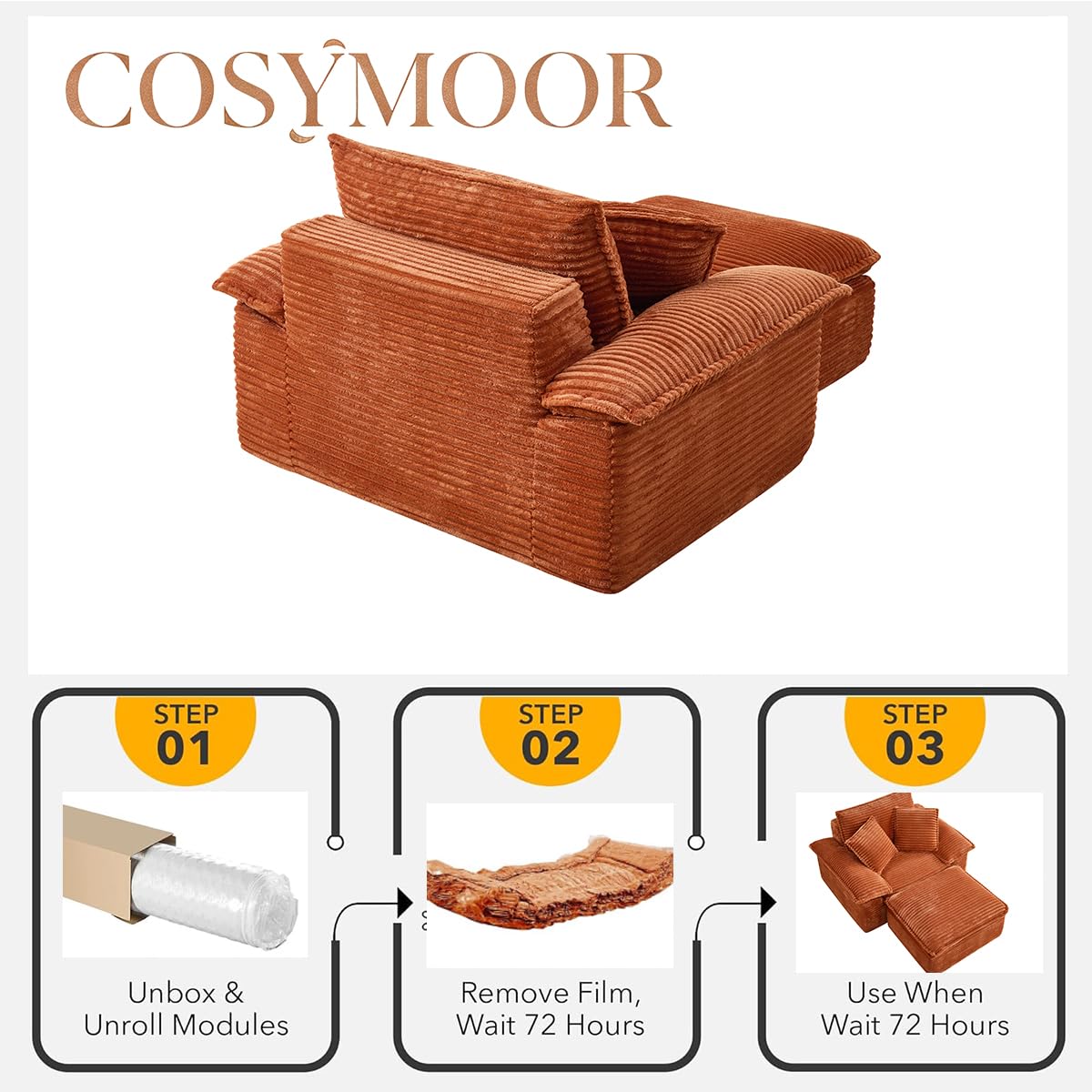 COSYMOOR Chaise Lounge Chair Indoor with Ottoman, 47 Inch Oversized Corduroy Boneless Sofa Bed, Deep Seat Sleeper Couch Reading Chairs, Cloud Compact Sofas Couches for Living Room,No Assembly Required