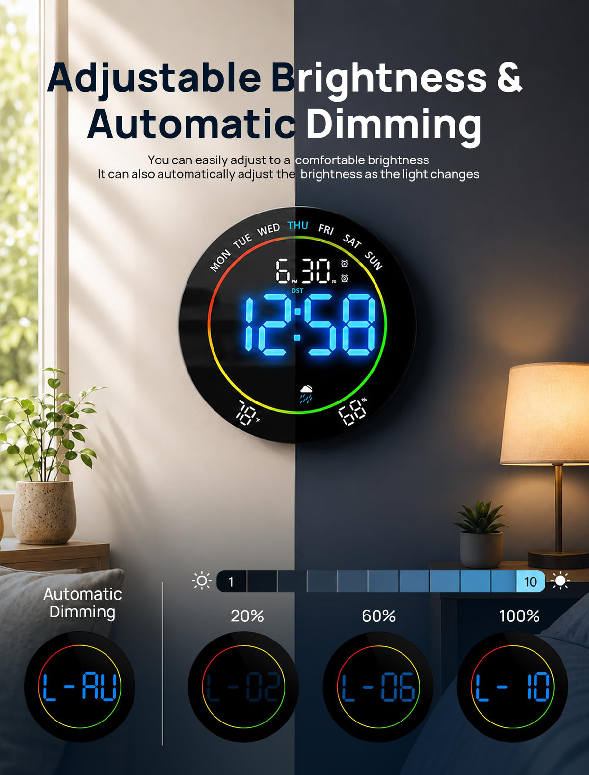 MASHI 10"Easy-Read Large Digital Wall Clock,11-Color Night Light,Auto-DST