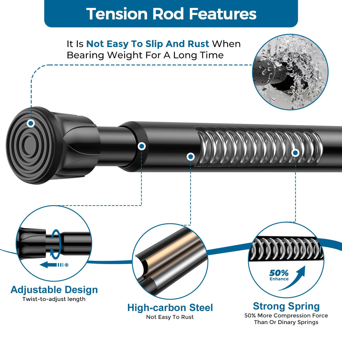AIZESI 4pack Spring Tension Curtain Rod 28-48" Black No Drill Rods