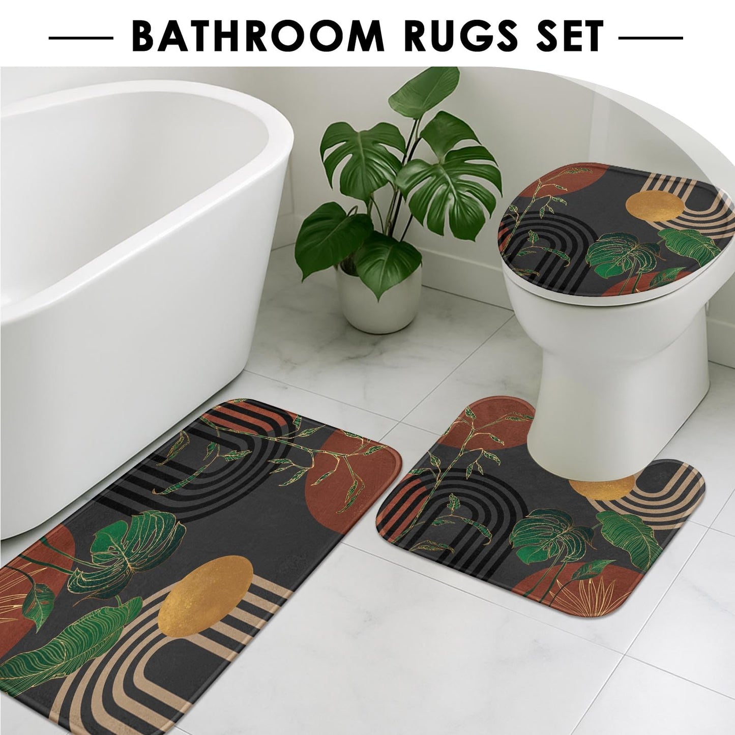 Tayney Bathroom Sets with Shower Curtain and Rugs, 4 Pcs, Boho Retro
