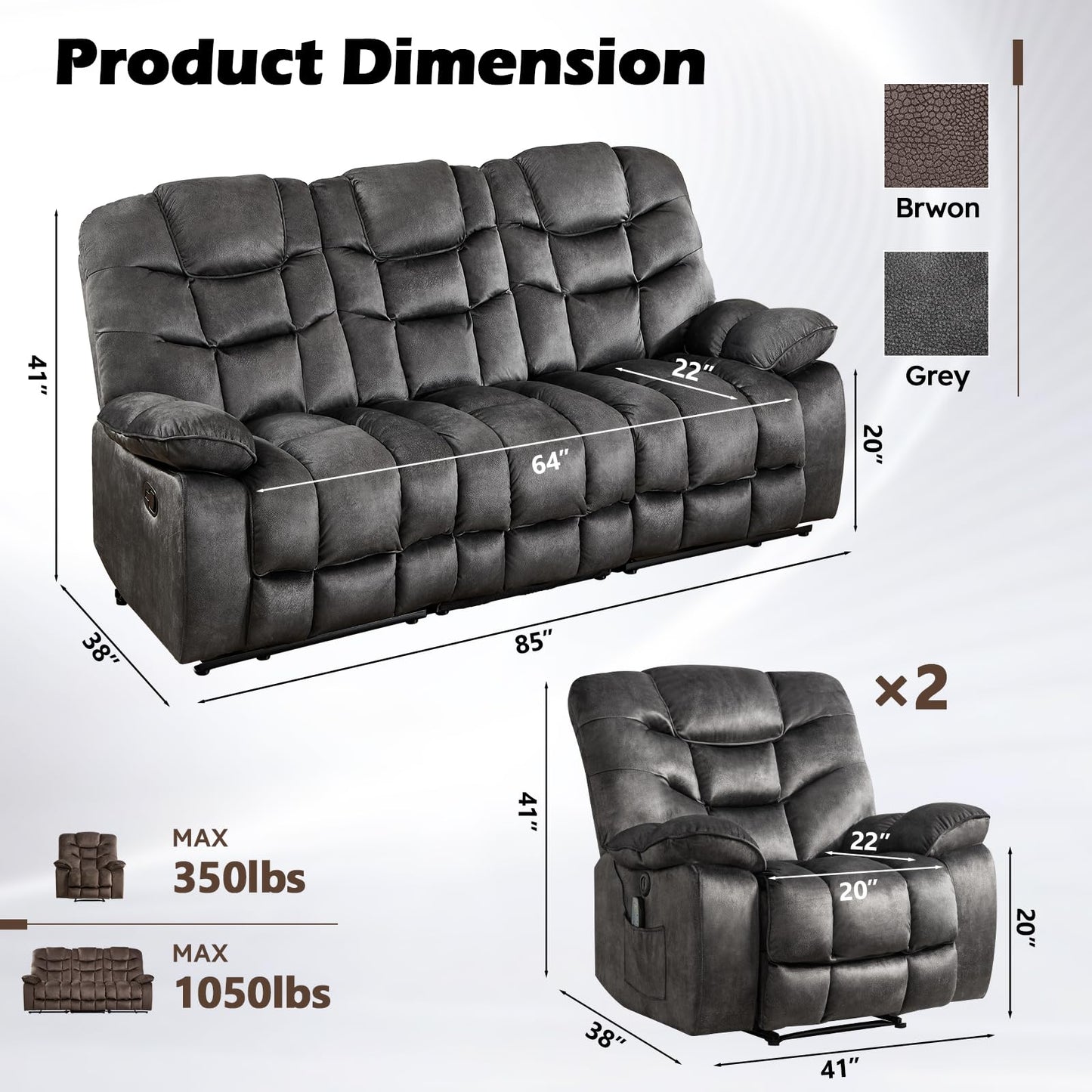 HAOMARKETS 3 Pieces Recliner Sofa Furniture Set, Include 2 Power Recliner Chairs with Message&Heat and a 3-Seater Reclining Couch for Living Room, Grey