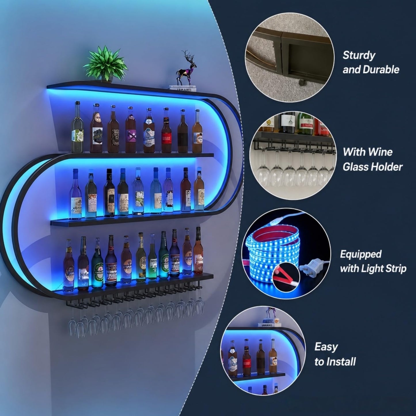 HFTUW 47 Inch Wall-Mounted Wine Rack with Led Light, 4-Tier Half Round Bar Shelves, Industrial Metal Display Storage Shelf & Wine Glass Hooks for Home Bar, Dining Room(Black-Blue Led, 47in/120cm)