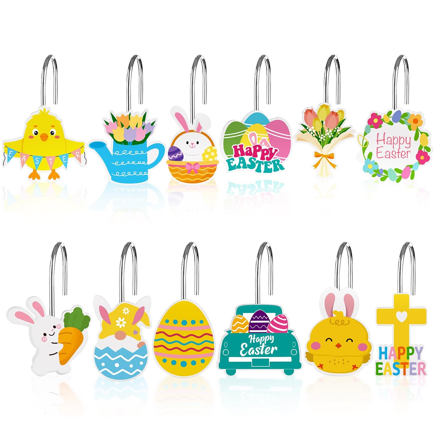 Haiabei 12Pcs Shower Curtain Hooks Hangers Decorative Metal Rustproof Bathroom Room Pendants Decor Accessories with Bunny Happy Carrot Flower Chick Rabbit Stainless Curtains Rings