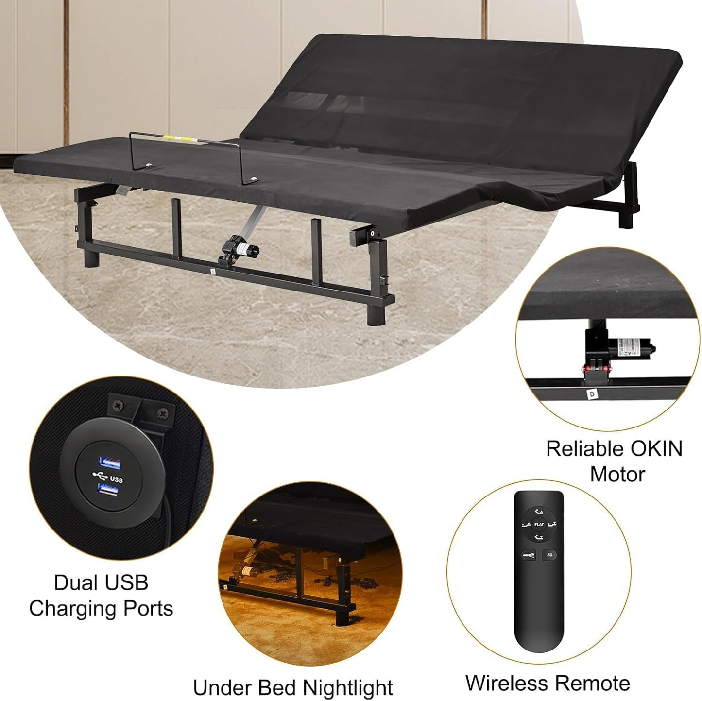 KEIKI King Adjustable Bed Frame with Remote, Head & Foot Incline, Zero Gravity, 4 USB Ports & Under-Bed Nightlight, Quiet Motor Base, Black
