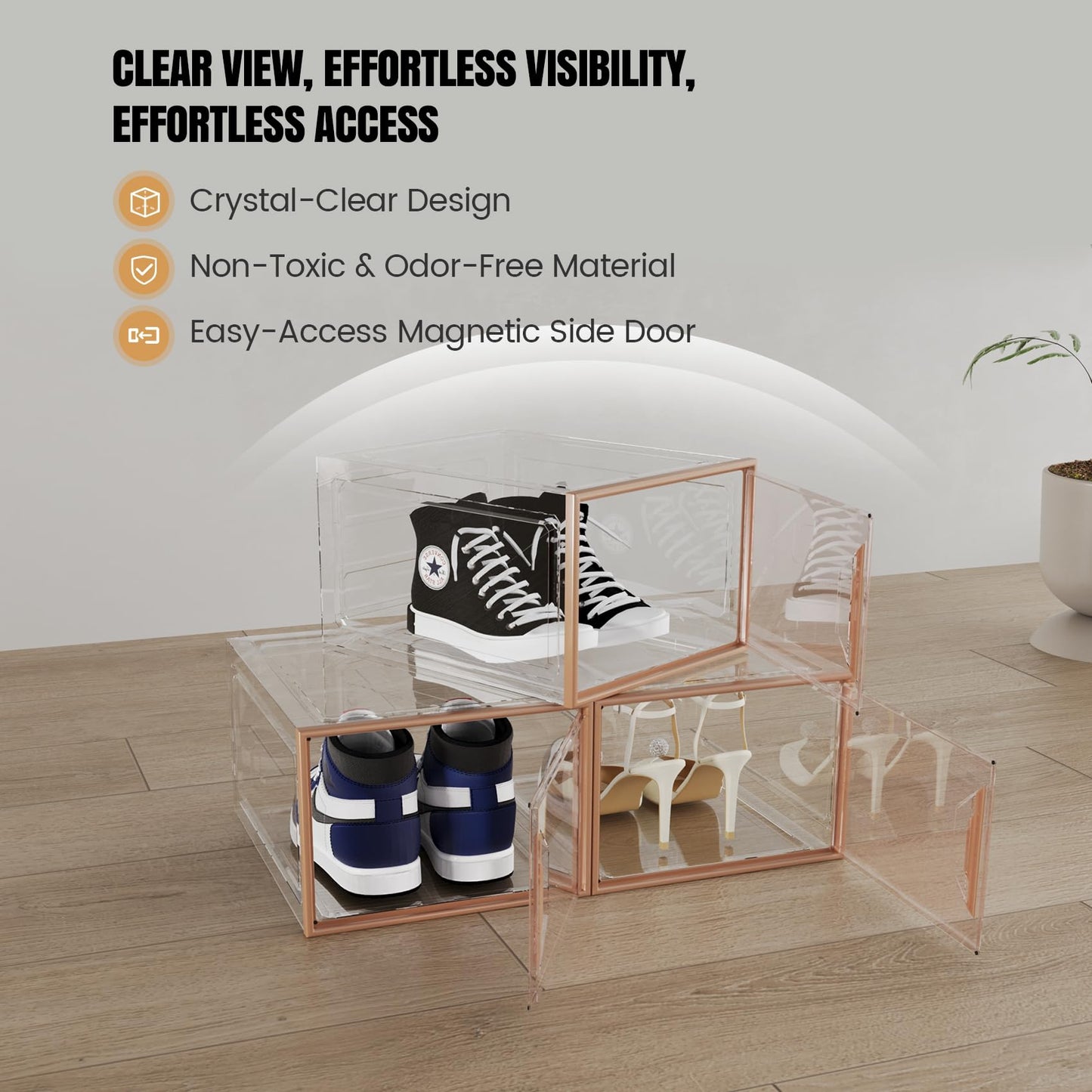 6 Pack Shoe Box Organizer, Clear Thicken Stackable Plastic Shoe Boxes with Magnetic Door, Sturdy Shoe Storage Containers for Sneakers Boots, Easy to Assemble, Fit up to US Size 12(13.2"×10.6"×7.5")