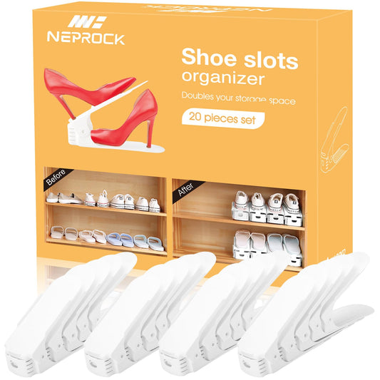 Neprock Shoe Slots Organizer, 20 Pack Adjustable Shoe Rack Stacker Storage Space Saver, Double Deck Shoe Rack Holder for Closet Organization (White)