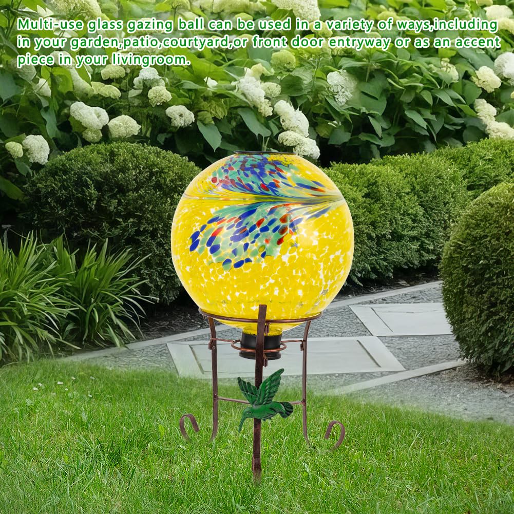 YELENEW 10" Diameter Solar Gazing Ball and 8.5" Metal Stand Indoor Outdoor Glass Globe Sphere Yard Art Ornament Solar Gazing Balls for Garden,Lawn,Porch,Patio Gardening Gift for Women(Yellow)