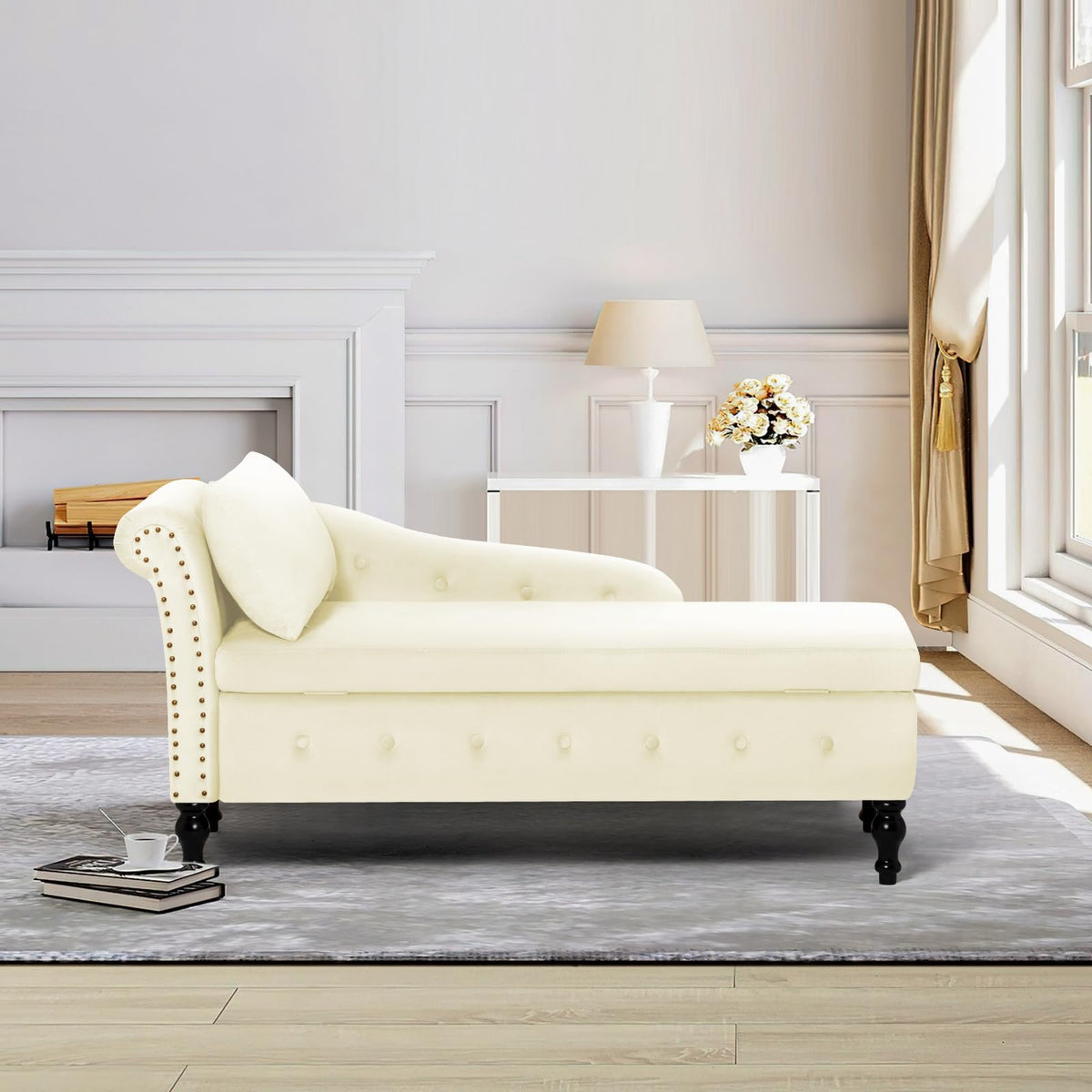 ACMEASE Velvet Chaise Lounge w/Left Armrest & Storage Space, Beige