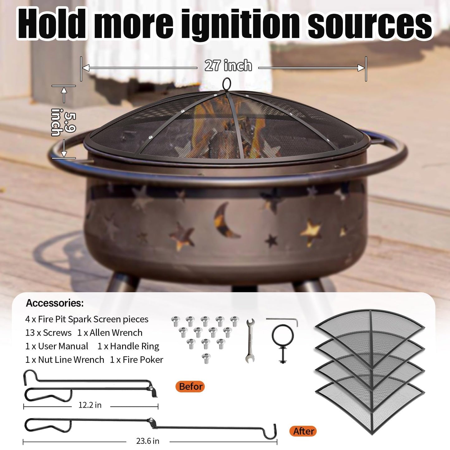 Fire Pit Spark Screen, 27 Inch Fire Pit Screen with Handle & Poker, Heavy-Duty Steel Fire Pit Cover Round Mesh Replacement Outdoor Firepit Screen Lid for Backyard/Beach/RV Camping