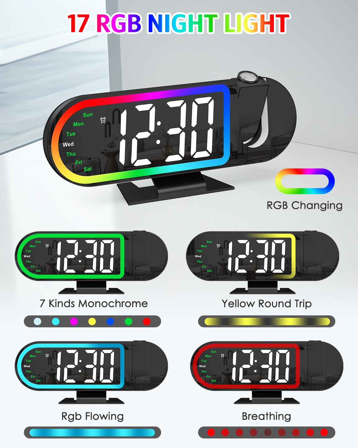 AMIR Projection Alarm Clock for Bedroom Ceiling with 17-Color Ambient Light