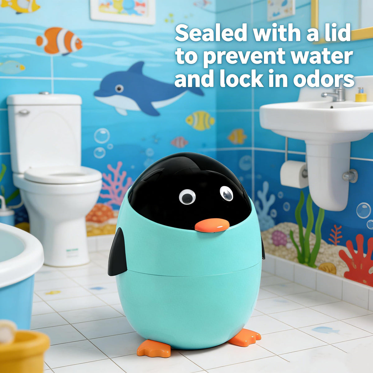 URALFA Penguin Trash Can, 3.2 Gal Kids Trash Can, Removable Inner Bucket