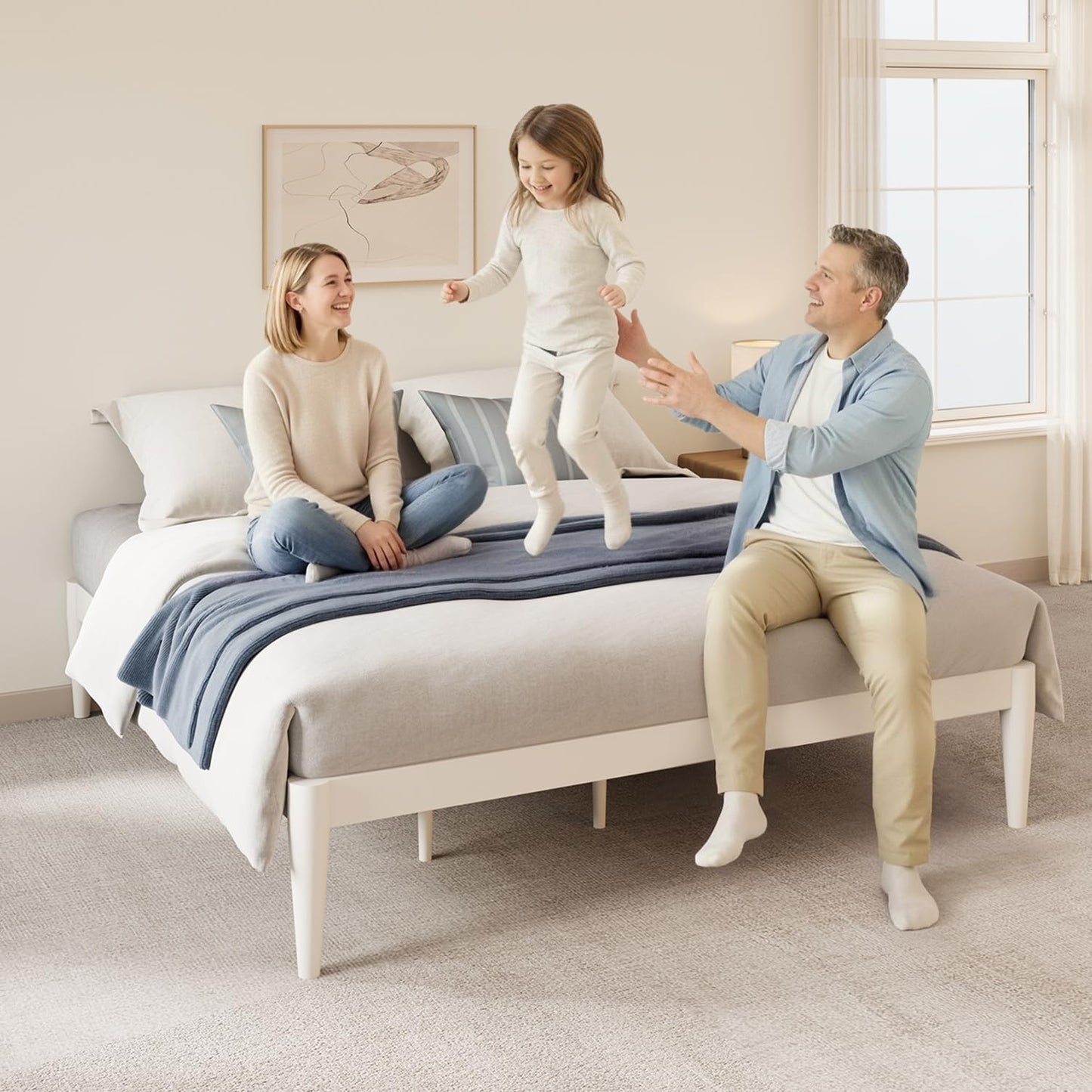 IOTXY Twin-XL Platform Bed Frame - 16" Wood Mattress Foundation Base, White