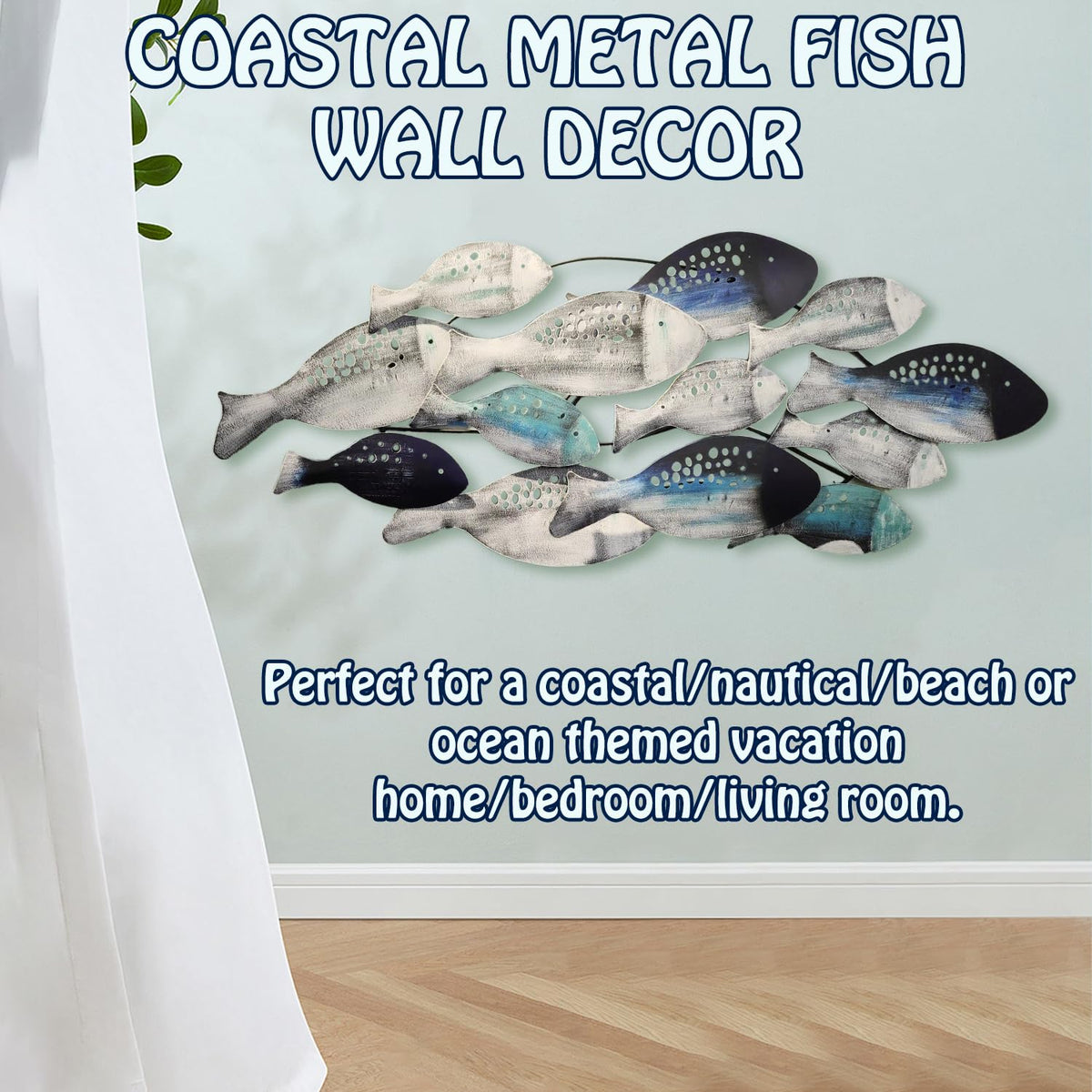 edaknez Coastal Metal Fish Wall Decor, Large Blue Fish Nautical Wall Art