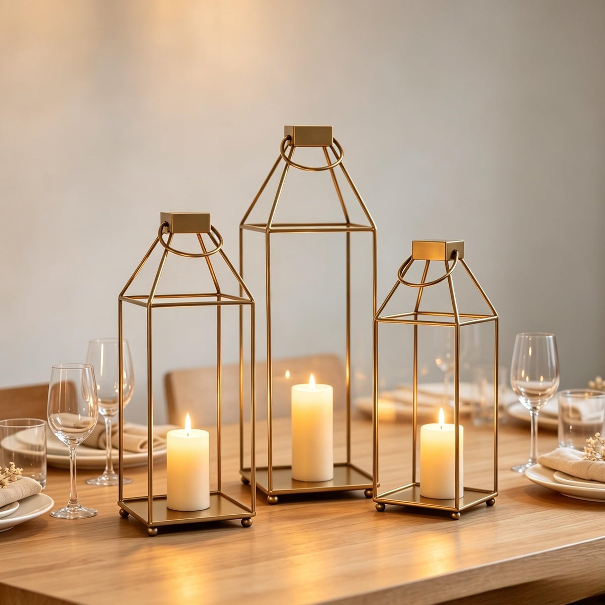 Lanterns Decorative Tall Large Metal Candle Set of 3, Gold(16.6",14.7",12.9") Modern Farmhouse Decor, Indoor, Outdoor, Tabletop, Porch, No Glass NO Candles