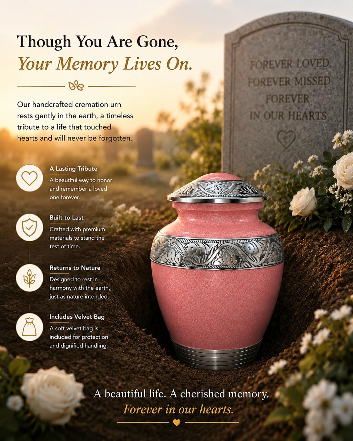 Bold & Divine Cremation Urn for Human Ashes, Adult Memorial Urn for Women & Men, Pink Urn with Silver Engraved Design, Decorative Funeral Urn for Ashes, 9.5 x 7 Inches
