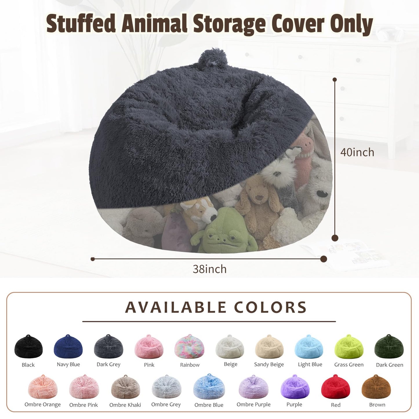 Bean Bag Cover (No Filler) Soft Faux Fur Stuffed Animal Bean Bag Storage, Fluffy Plush Bean Bag Chair Cover Washable, Comfy Bean Bag Covers for Adults Kids Teens