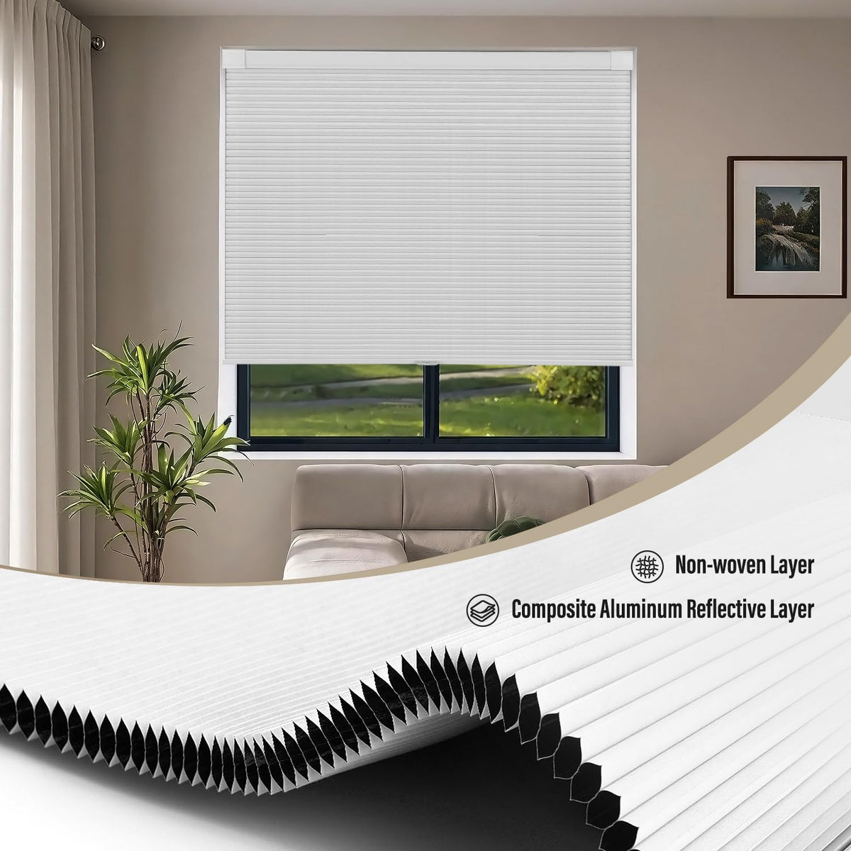 SUNOFF Cordless No Drill Blackout Cellular Shades, 34" W x 64" H, White