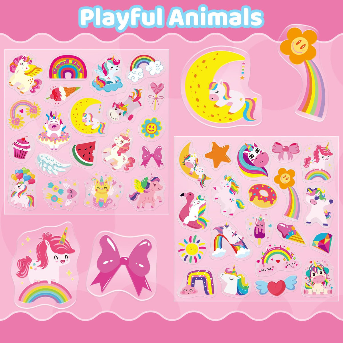 40PCS Unicorn Jelly Window Stickers for Kids, Rainbow Pony Gel Clings for Toddlers Glass Windows, Thick Reusable Clings for Girls Room Decor, Quiet Travel Toys Birthday Gift