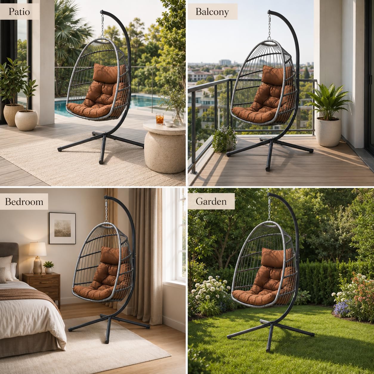 UELKS Egg Swing Chair with Stand, Indoor Outdoor Hanging Egg Chair with Thickened Metal Frame and Cushion, Foldable Patio Wicker Swinging Hammock Chair for Bedroom, Porch, Garden, Balcony