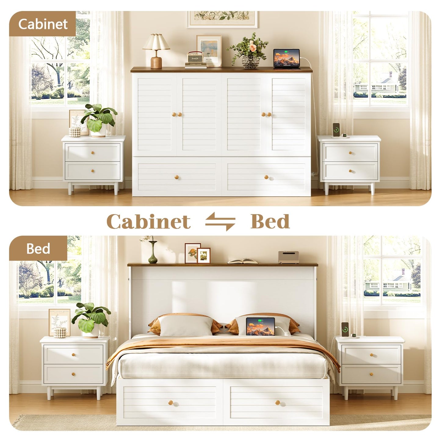 Yoobure Queen Murphy Bed with Charging Station - Modern Queen Bed Frame with Storage, Foldable Platform Cabinet Beds with Drawer, Wood Hideway Bedframe for Guest & Living Room, Bedroom, Office, White