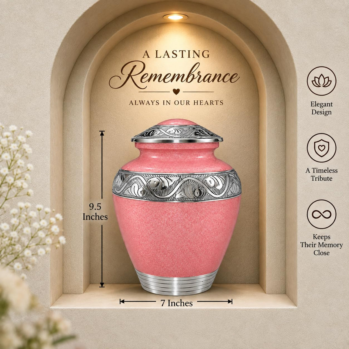 Bold & Divine Cremation Urn for Human Ashes, Adult Memorial Urn for Women & Men, Pink Urn with Silver Engraved Design, Decorative Funeral Urn for Ashes, 9.5 x 7 Inches