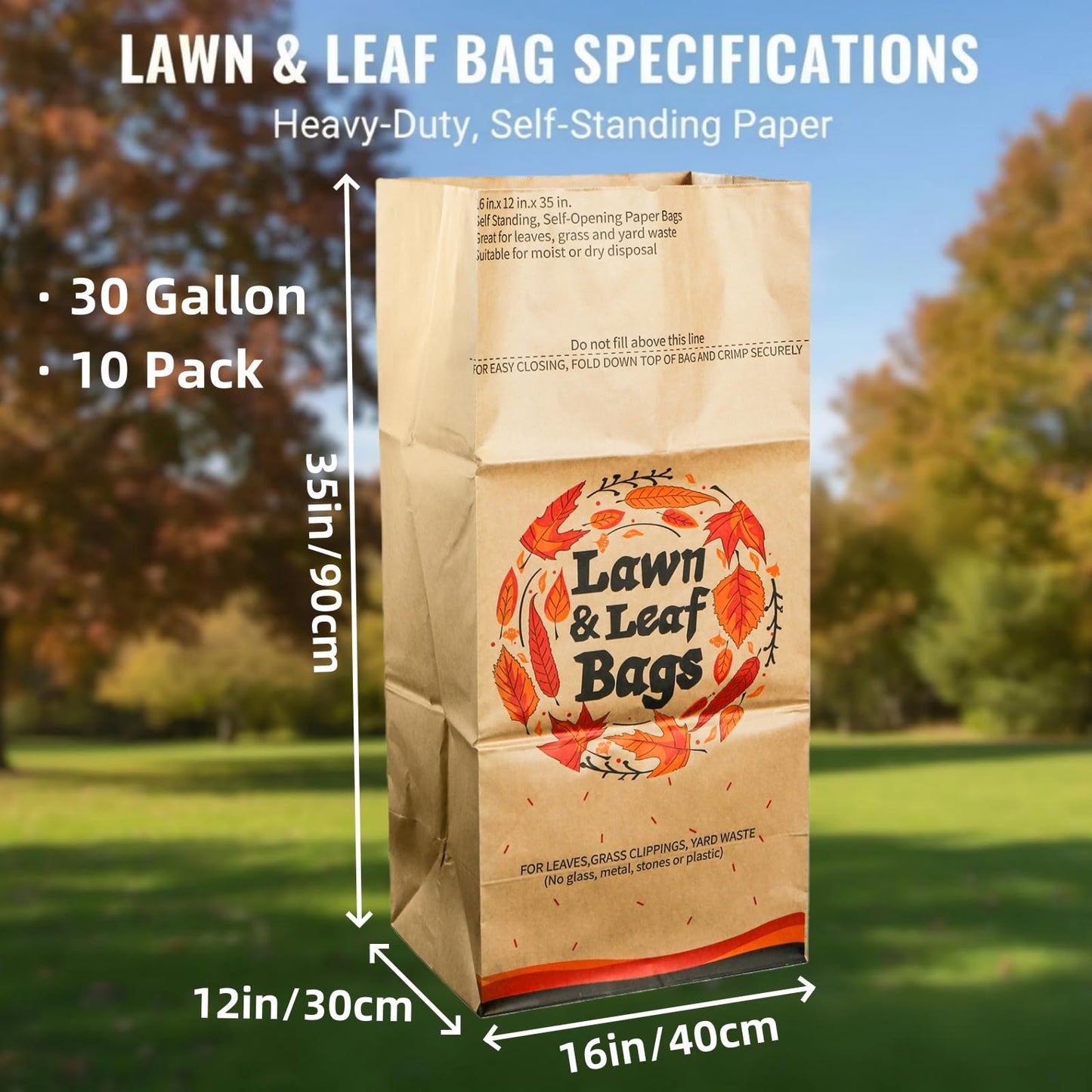 Mezchi 10 Pack 30 Gallon Lawn and Leaf Bags, 2-Ply Heavy Duty Yard Waste Bags, Brown Paper Lawn and Refuse Bags, Large Trash Bag for Home, Garden, Landfill, Tear Resistant and Self Standing