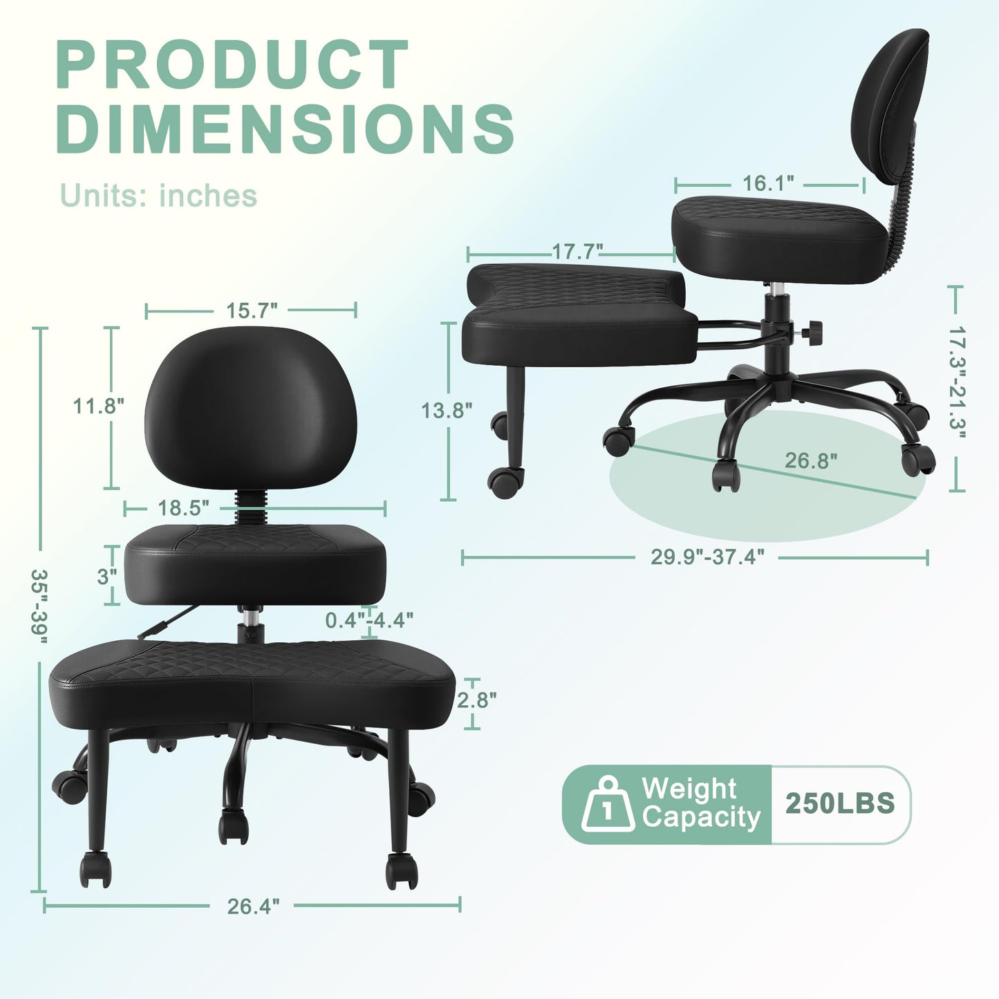 GUNJI Ergonomic Criss Cross Legged Office Chair, 360° Swivel Meditation Kneeling Chair with Wheels, ADHD Chair with Footrest, Lumbar Support, Wider Height Adjustable Seat (Black, Faux Leather)