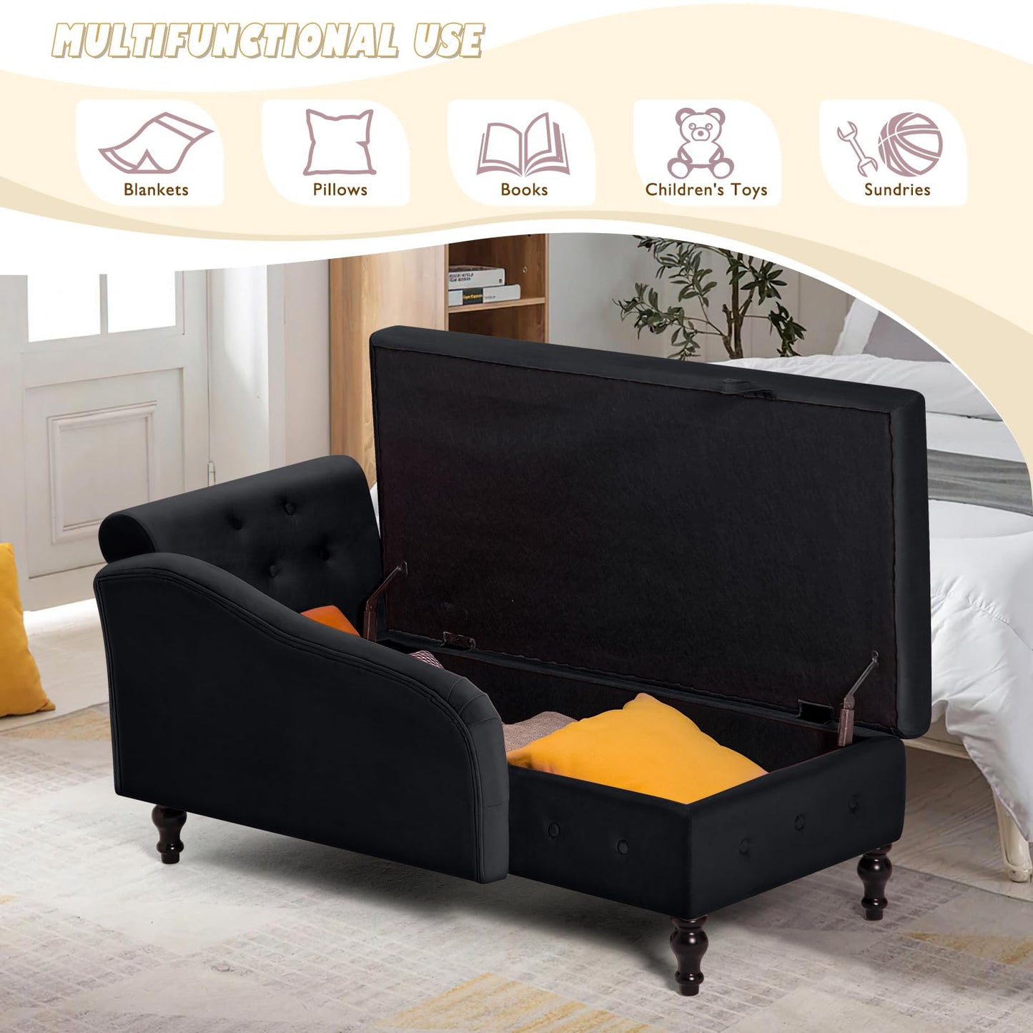 ACMEASE Chaise Lounge with Right Armrest & Lumbar Pillow,Button Tufted Lounge Sofa with Storage,Lounge Chair Indoor,Modern Upholstered Velvet Lounge Chair for Bedroom, Living Room and Office,Black