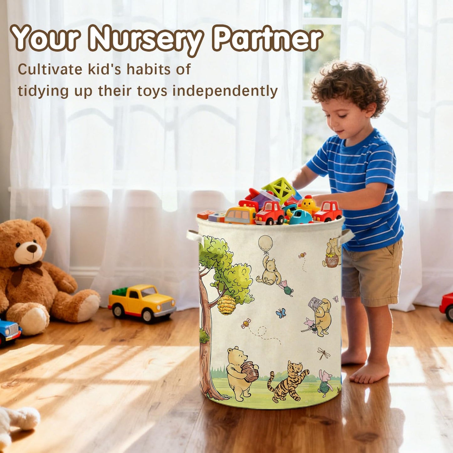 Oval Classic Winnie Bear Baby Laundry Basket Hamper for Nursery, Neutral Vintage Winnie Baby Stuff Waterproof Storage Basket Canvas Clothes Hamper