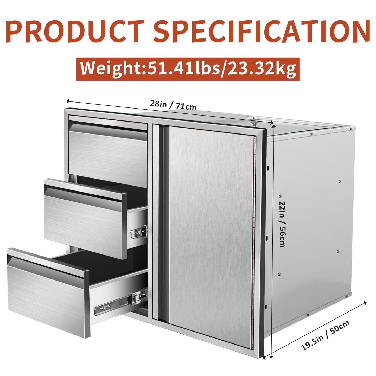 RUXVONB 28" W x 22" H x 19.5" D Stainless Steel Outdoor Kitchen Door Drawer Combo Cabinet, Built-in Triple Drawers and Right Access Door with Shelves for BBQ Island and Patio Grill Station