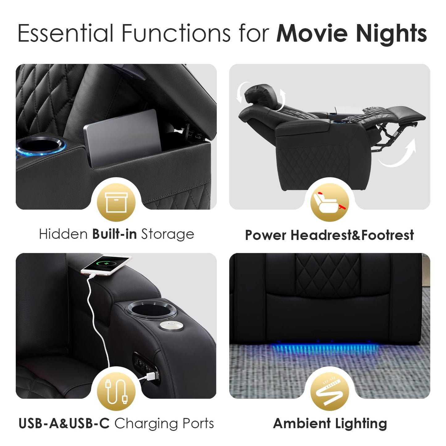 PBRO Home Theater Seating Genuine Leather Recliner Chair, Power Reclining & Headrest, USB A/C Charging Ports, Tray Table, Cup Holder Ambient Lighting Black 2 Set