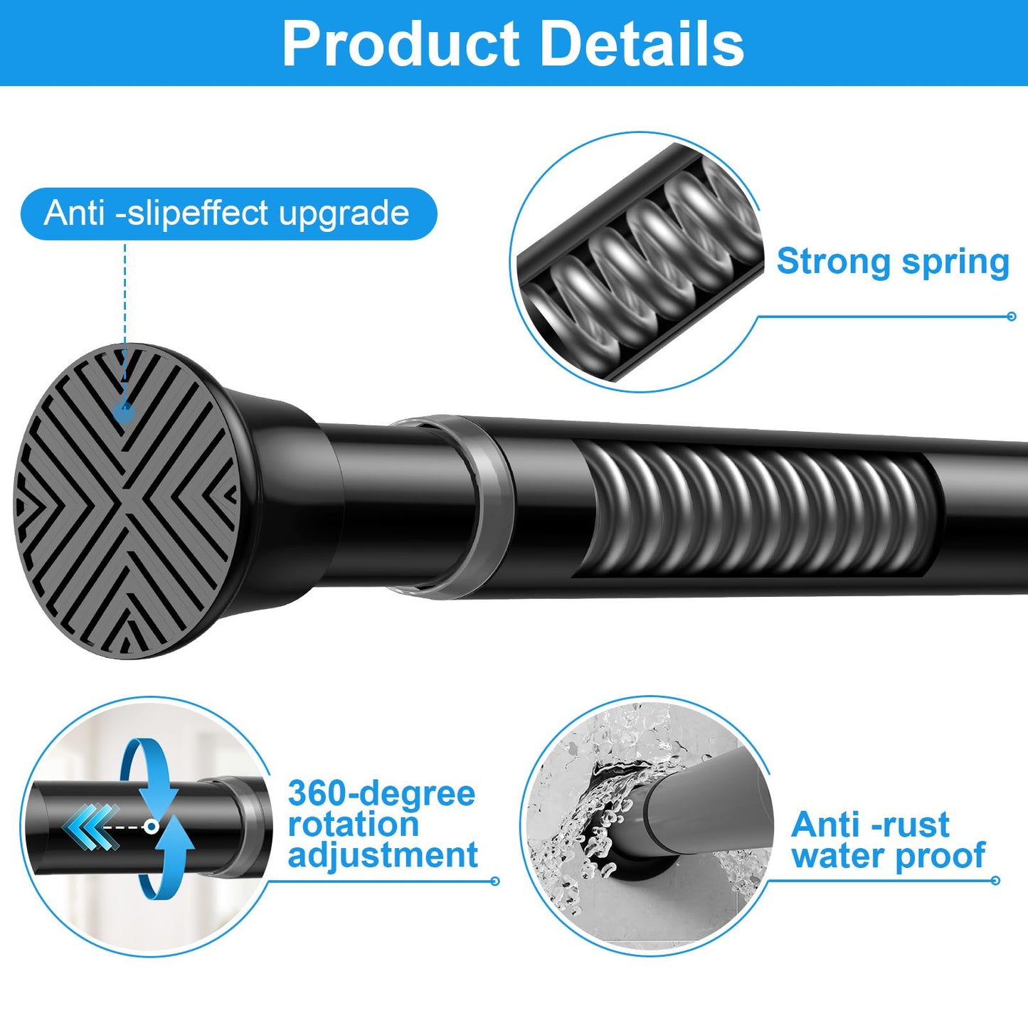 MEXAU 2 Pack Spring Tension Curtain Rods 31-76 Inch Black Shower Curtain Rod No Drilling Adjustable Spring Loaded Curtain Rods 7/8" Diameter Shower Rods for Window Bathroom Closet Doorway Door