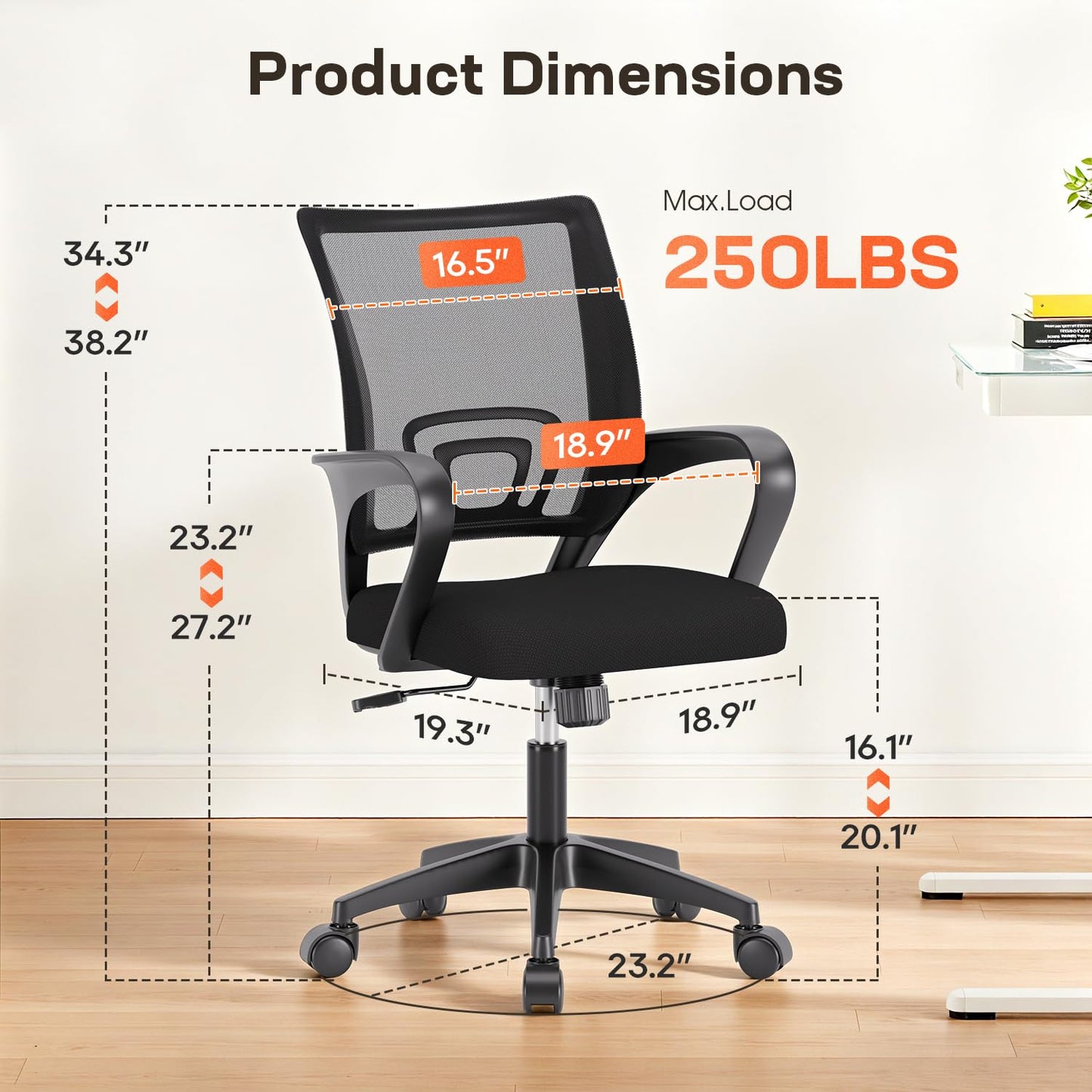 BestOffice Ergonomic Office Chair | Mid-Back Swivel Desk Chair | Dark Black