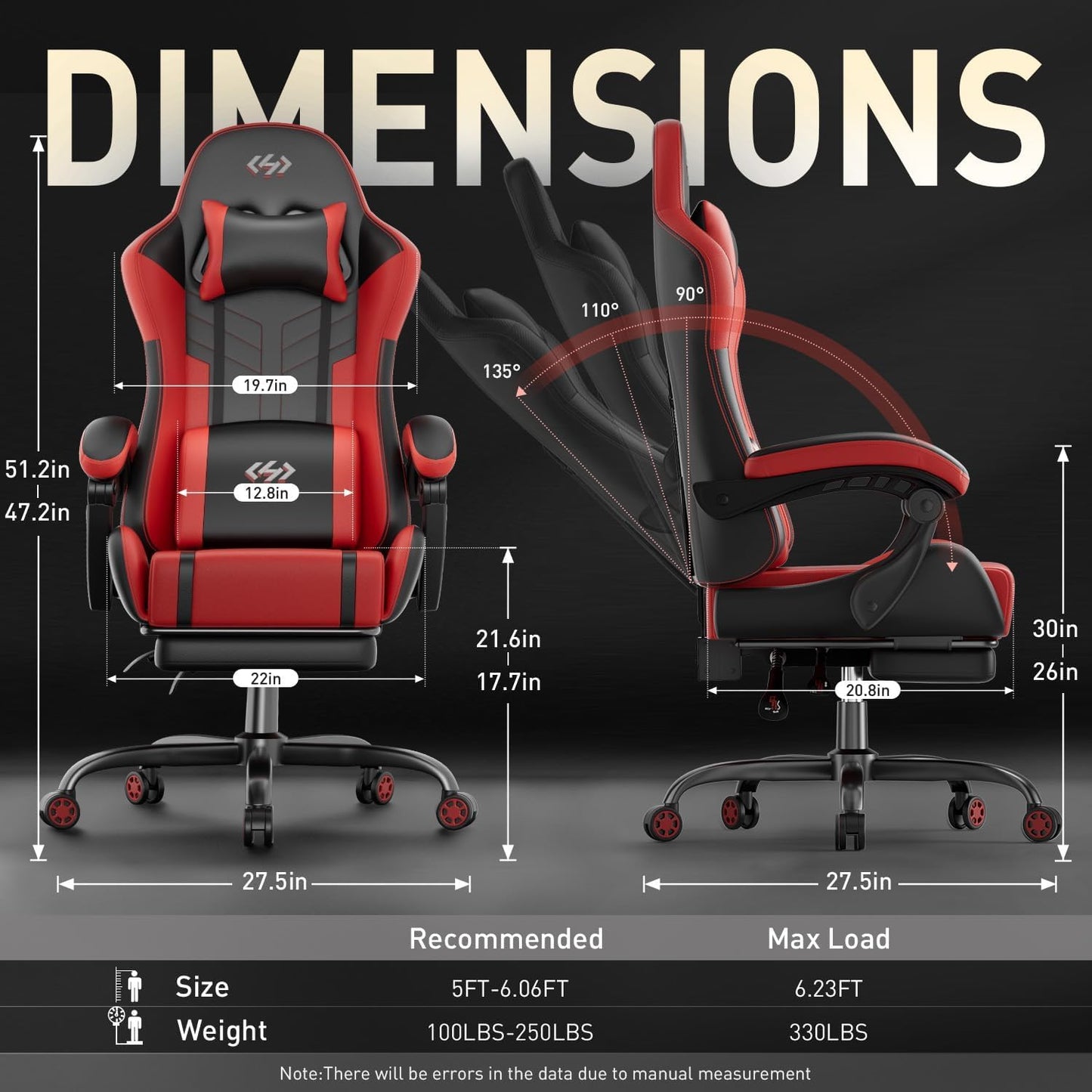 HLDIRECT High Back Gaming Chair, USB Massage Lumbar Support, Black&Red