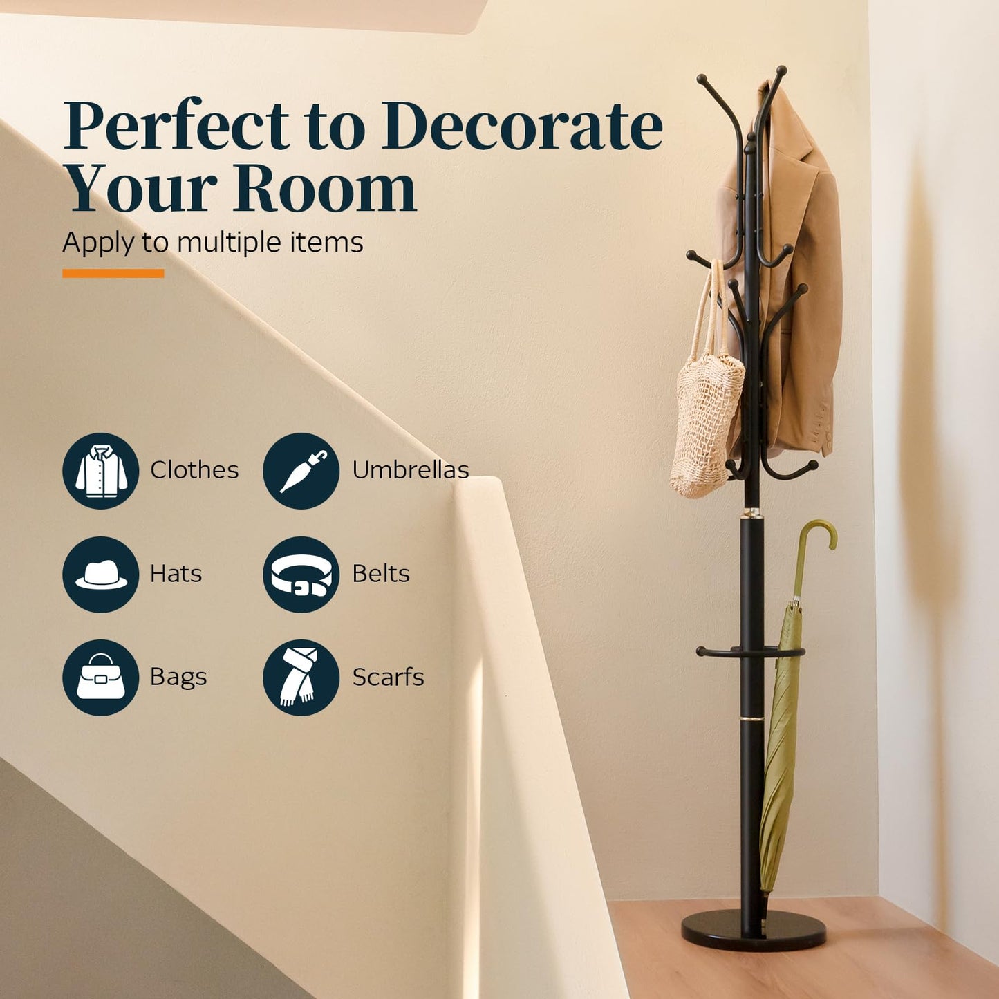 Yoobure Metal Coat Rack Freestanding with Marble Base, Coat Tree with 12 Hooks & Umbrella Holder, Coat Hanger Stand for Corner Entryway Bedroom Office, Heavy Duty Coat Rack Stand for Clothes Hats Bags