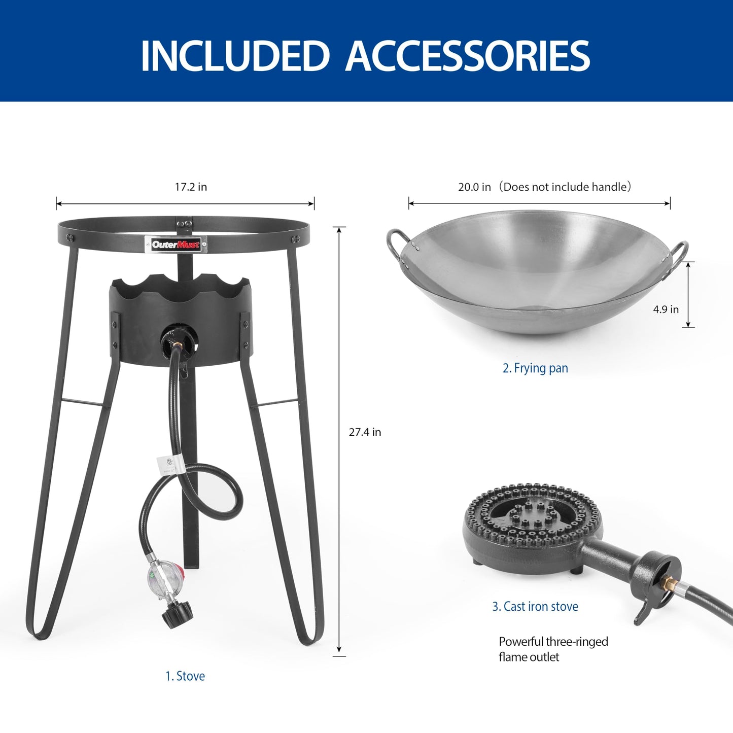 Outdoor Cooker with Iron Wok and Propane Burner, 54,000 BTU High-Pressure Gas Stove for Backyard BBQ, Tailgating & Outdoor Cooking